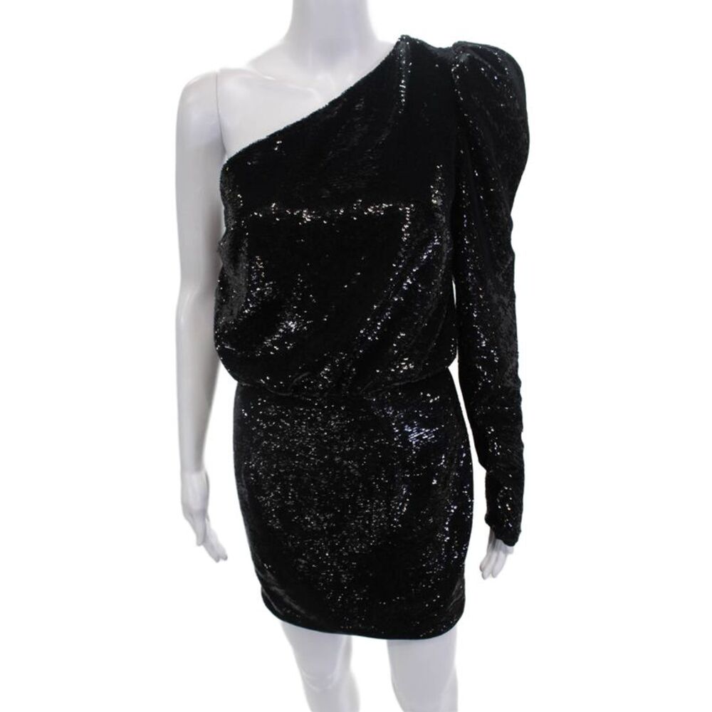 Alexandre Vauthier Womens Sequined One Shoulder Mini Dress Solid Black Size 36